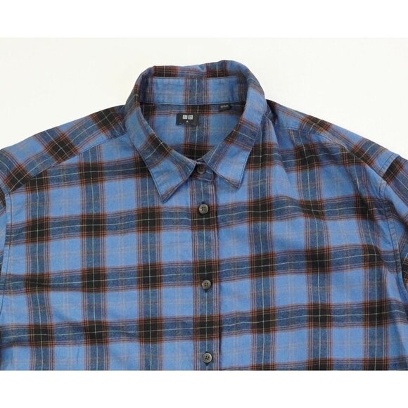 Uniqlo Size XL Womens Blue Brown White Trim Plaid Flannel Long Sleeve Shirt - Picture 9 of 10